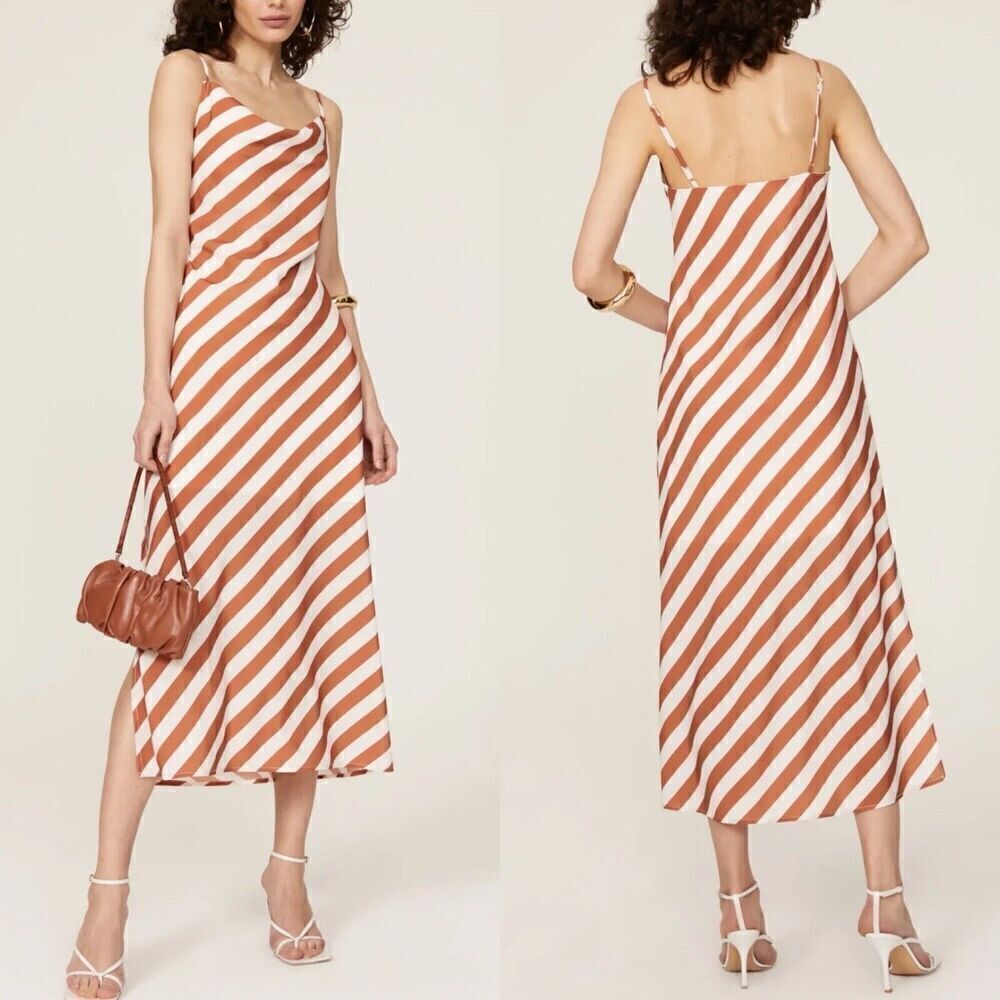 SLATE & WILLOW Slip Dress Womens Small S Copper Stripe Midi Sleeveless Slits